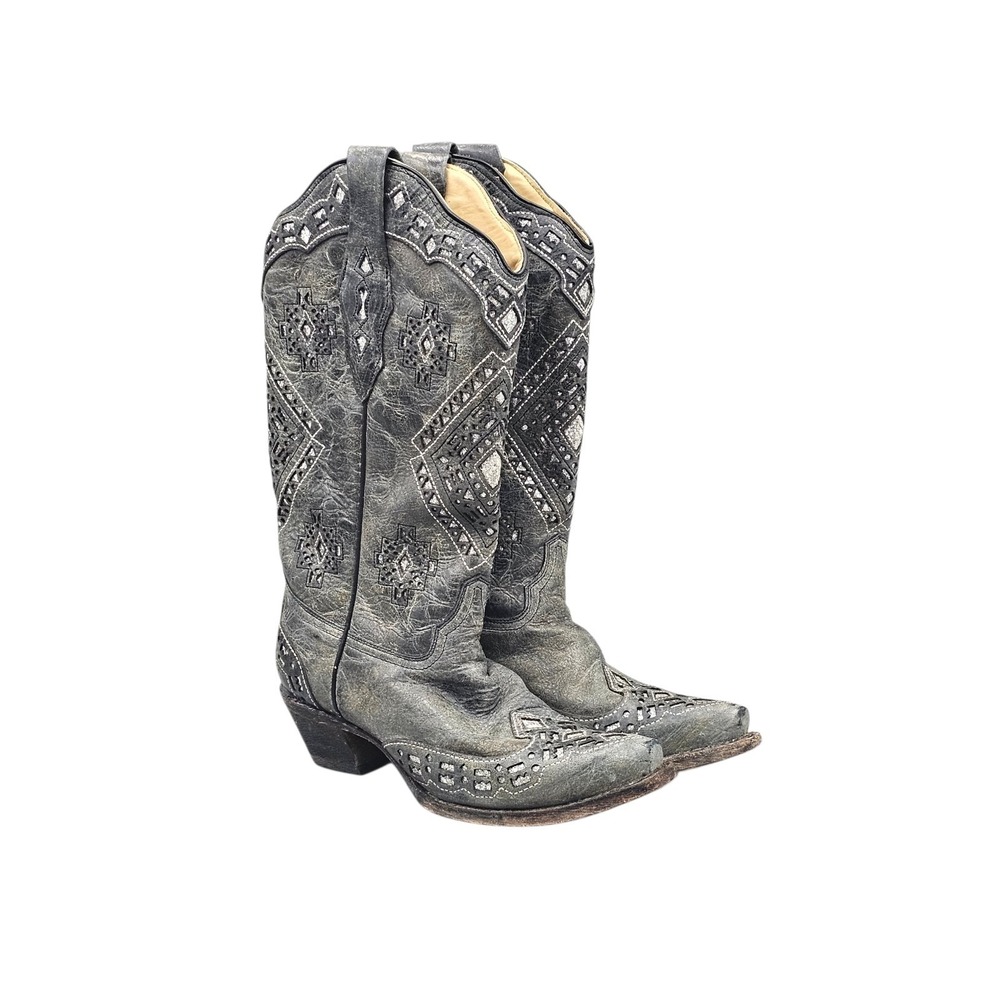 Corral Women's Size 7.5 US Glitter Inlay Grey Leather Western Cowgirl Boots
